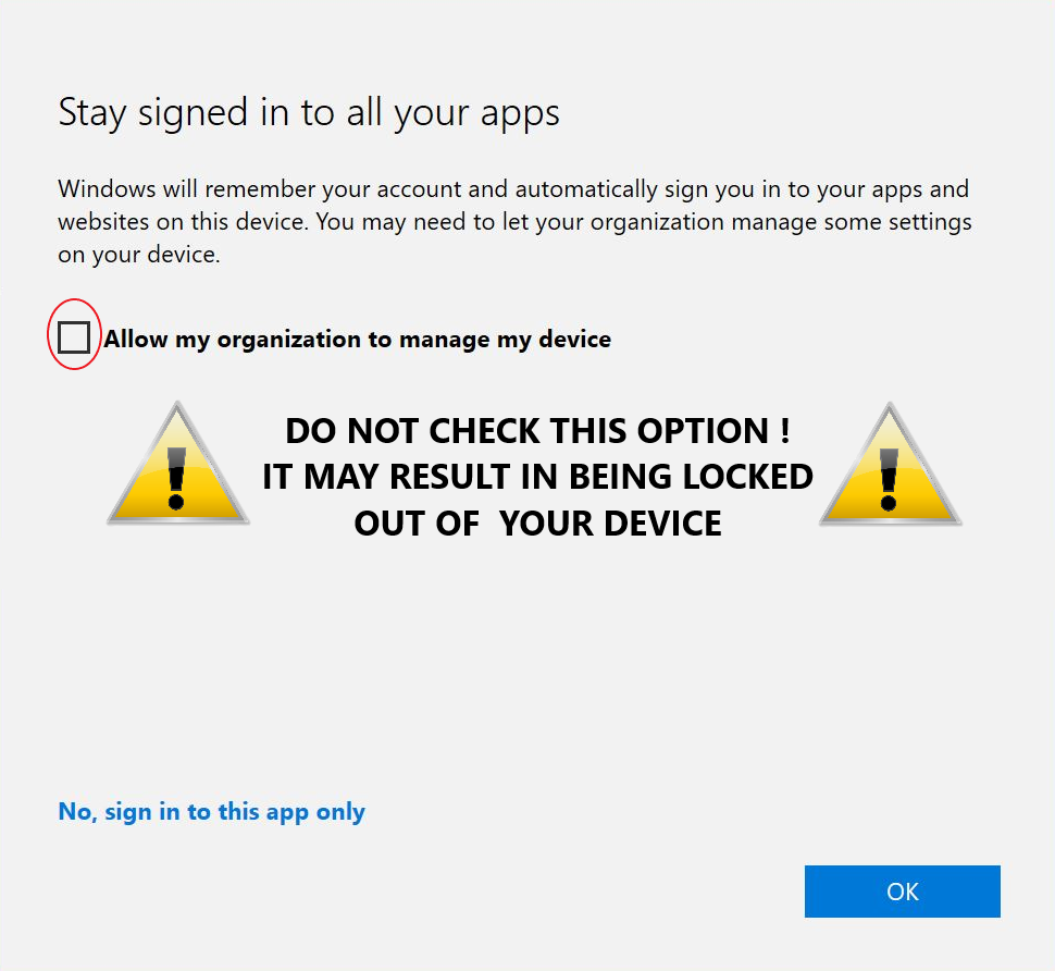 checkbox for 'Allow my organization to manage my device'