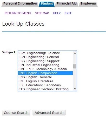 list of subjects, and Course Search button