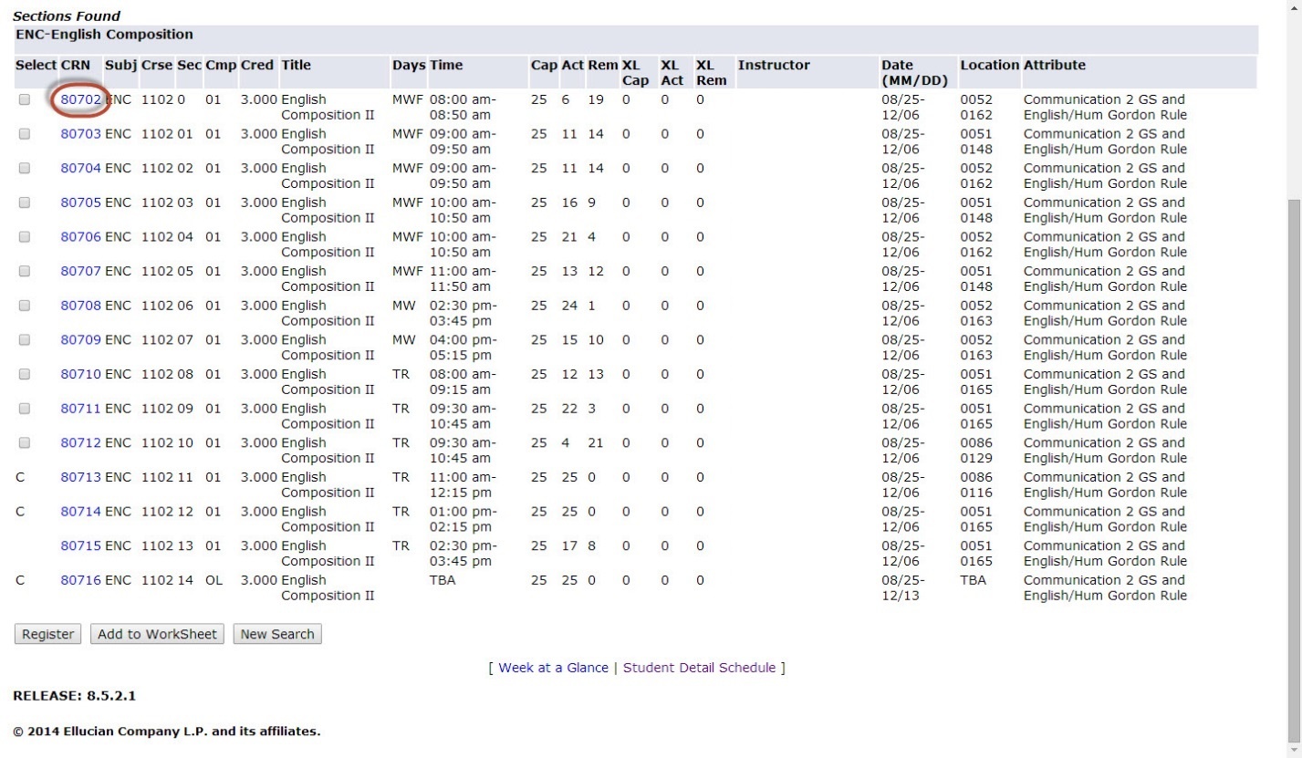 list of sections and their respective CRNs