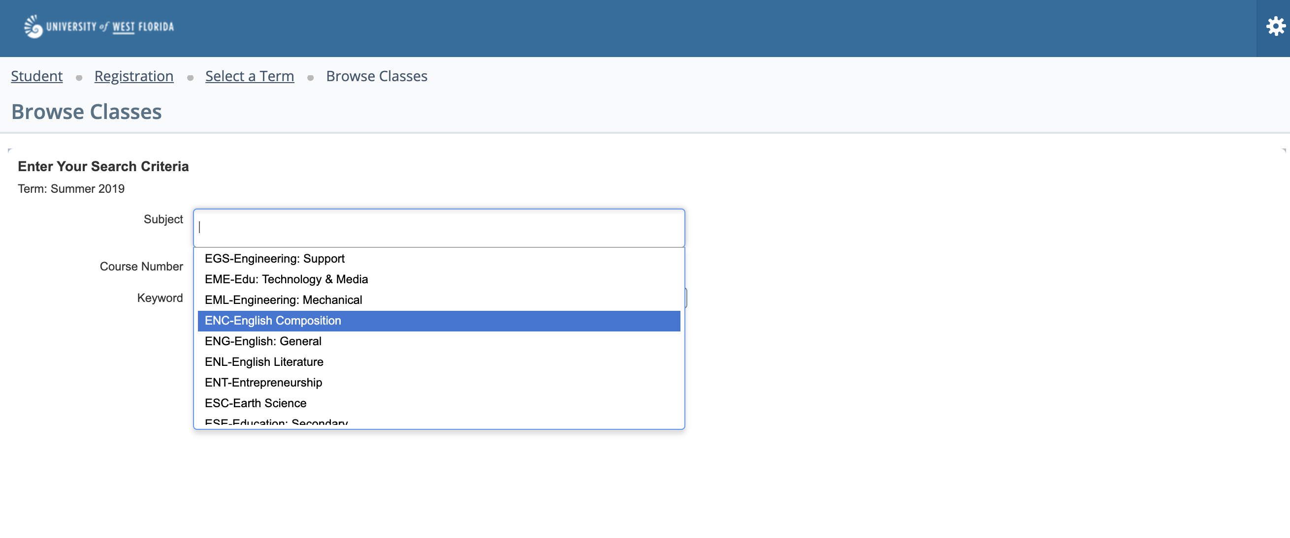 Dropdown menu for course subjects