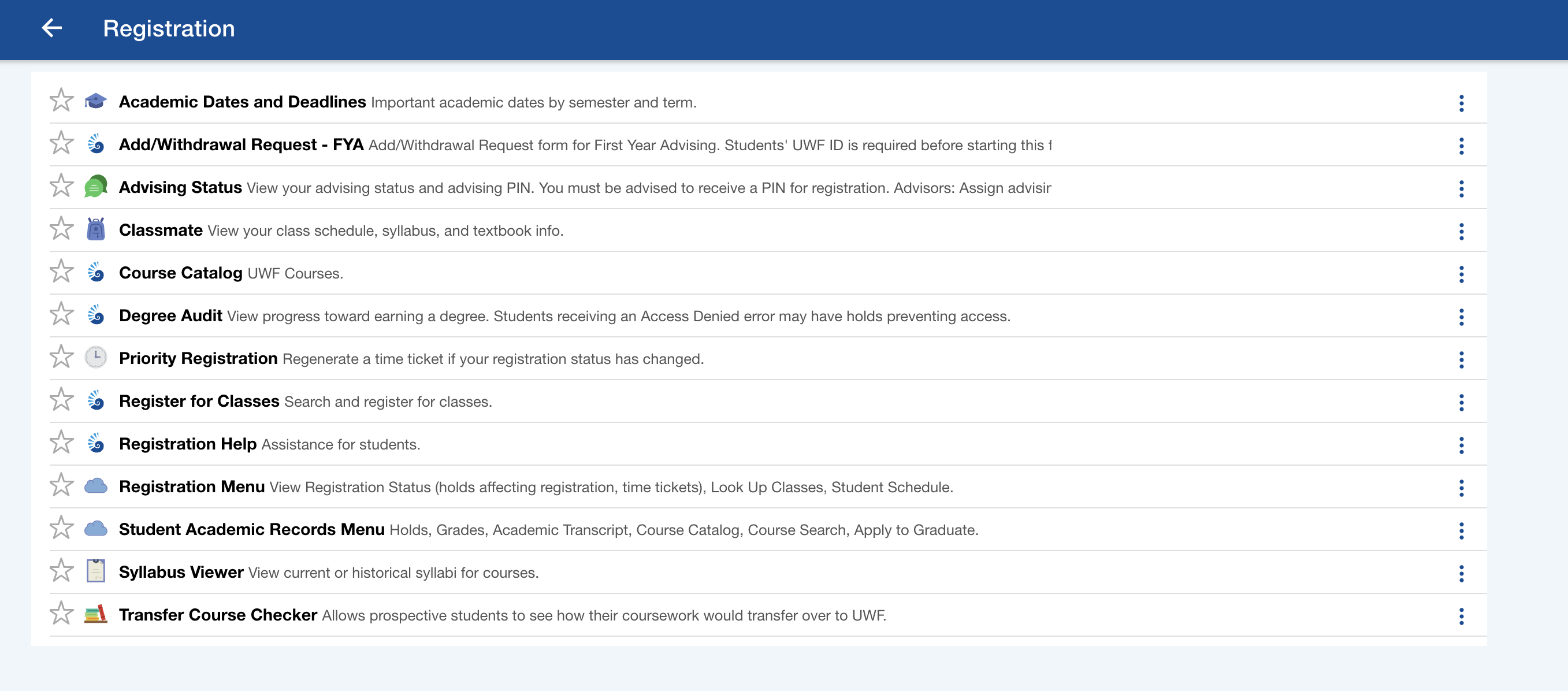 Registration Menu displaying Register fro Classes section