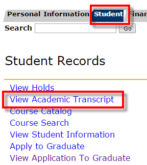 UWF Public Knowledge Base > Viewing GPA and Final Grades > 11-10-2014 4-40-45 PM.png Student tab, View Academic Transcript link