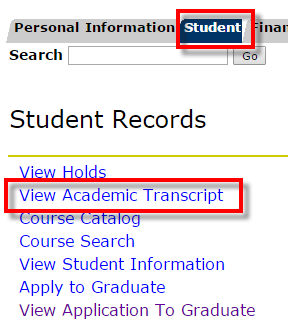 Student tab, View Academic Transcript link