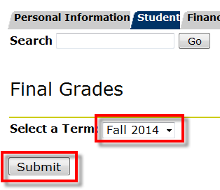UWF Public Knowledge Base > Viewing GPA and Final Grades > 12-4-2014 11-32-35 AM.png Select term dropdown and Submit button