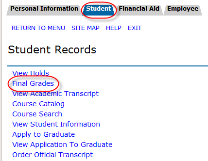 UWF Public Knowledge Base > Viewing GPA and Final Grades > 7-3-2014 1-57-24 PM.png Student tab and Final Grades link