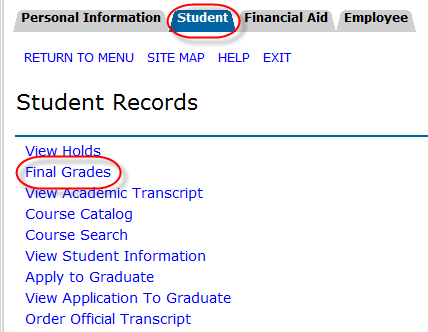 Student tab and Final Grades link