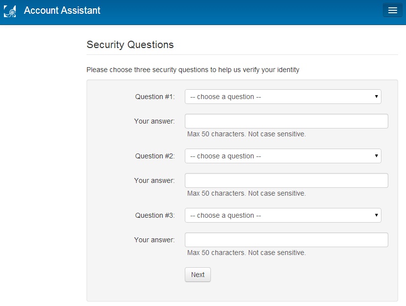 Choosing three security questions and answers