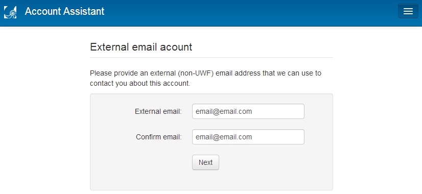 fields for confirming external email address