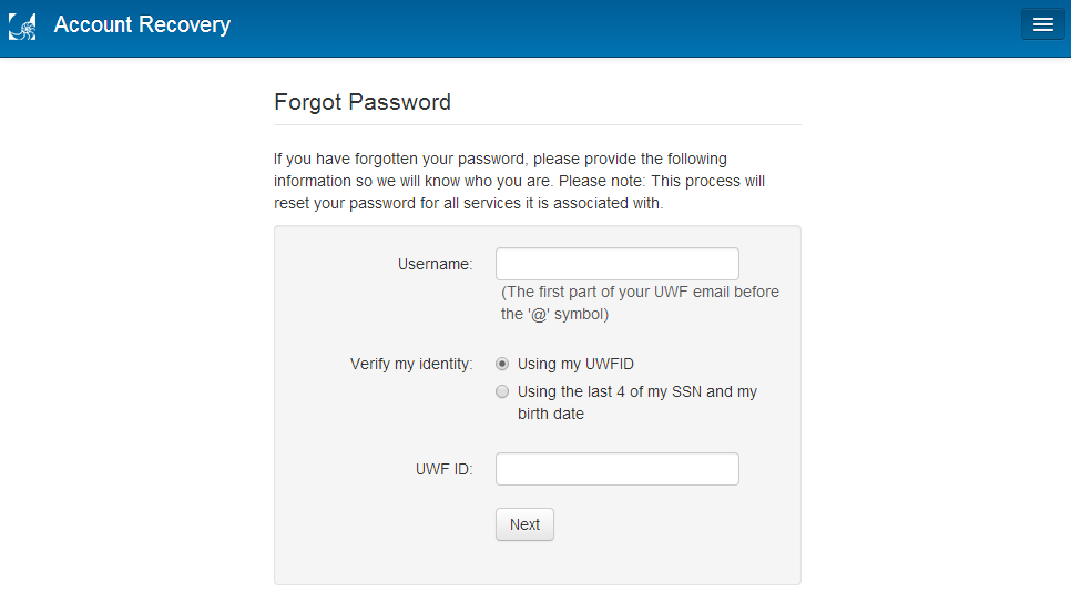 fields for username and uwfid