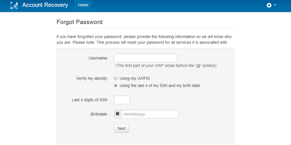 fields for username, last four digits of SSN, and dob