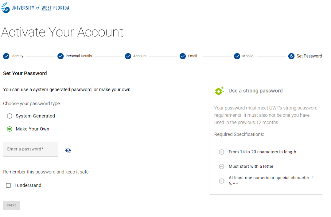 Password Creation Screen