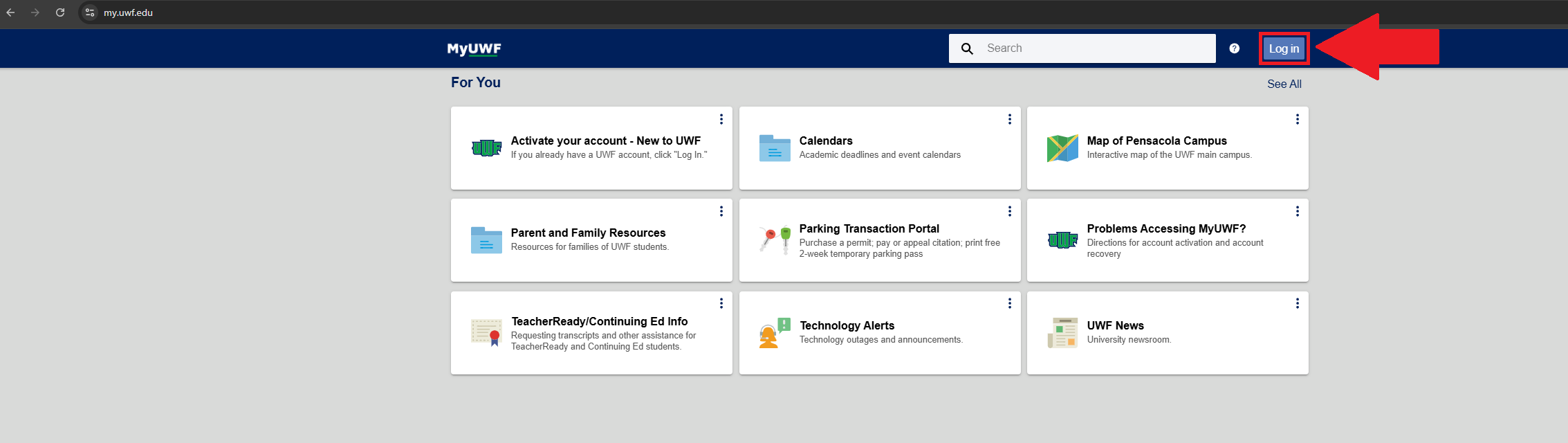 MyUWF Main Page directing to Log in button