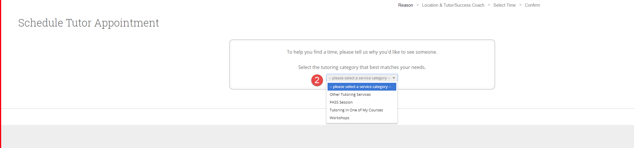 dropdown for selecting a Tutoring Service category
