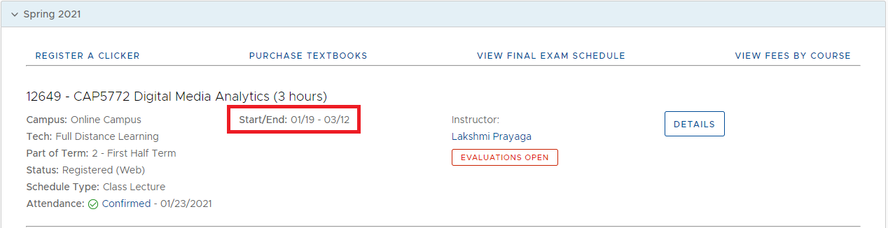 Start and end dates for course