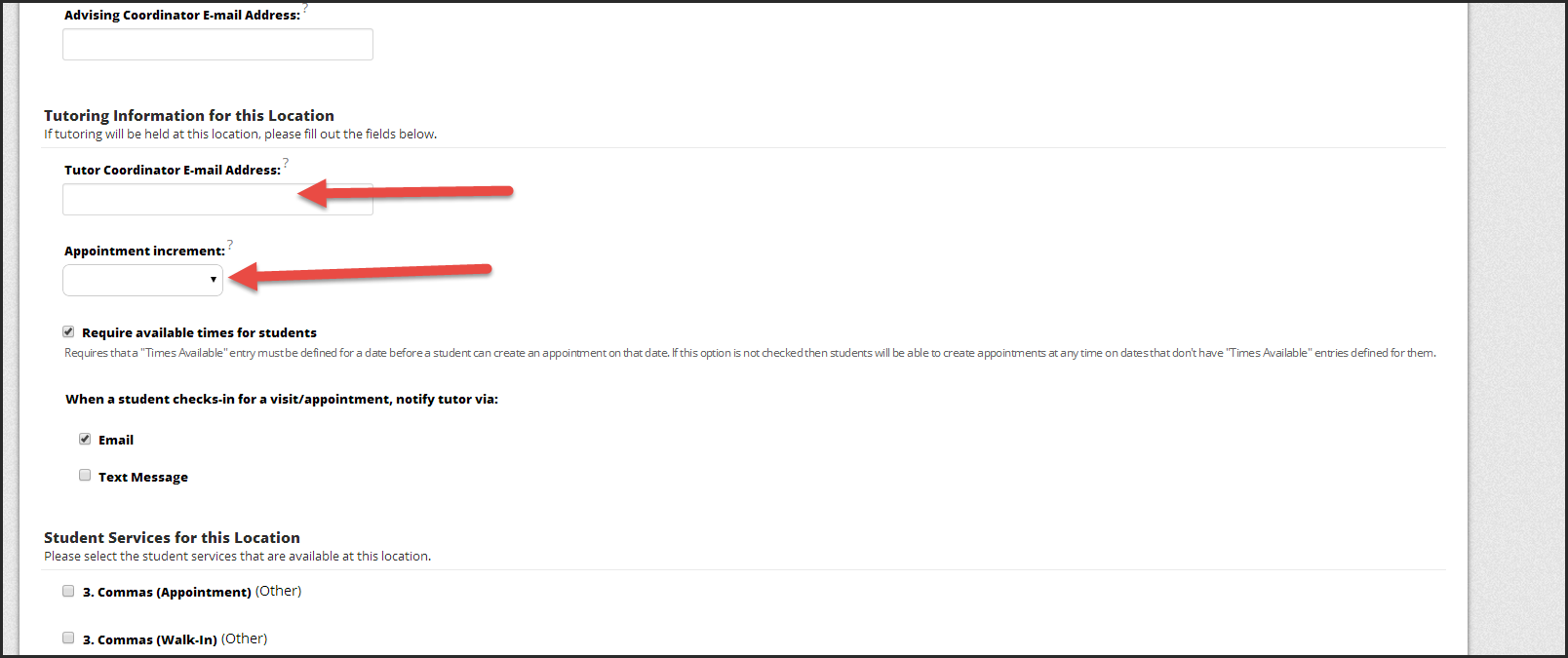 Tutor Coordinator email address field, and appointment increment dropdown