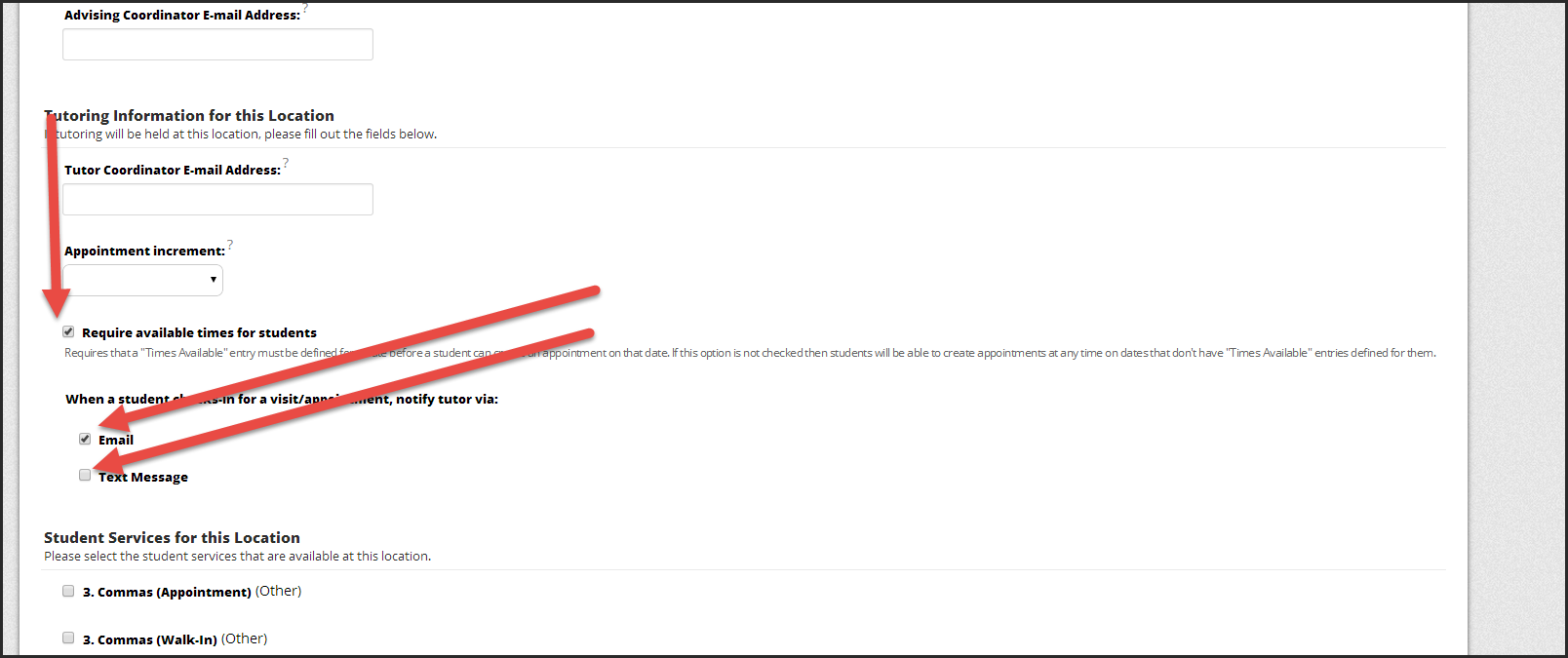require available times, email and text message checkboxes