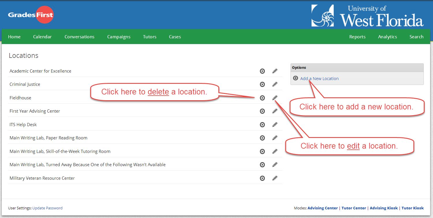options for deleting, editing, and adding locations