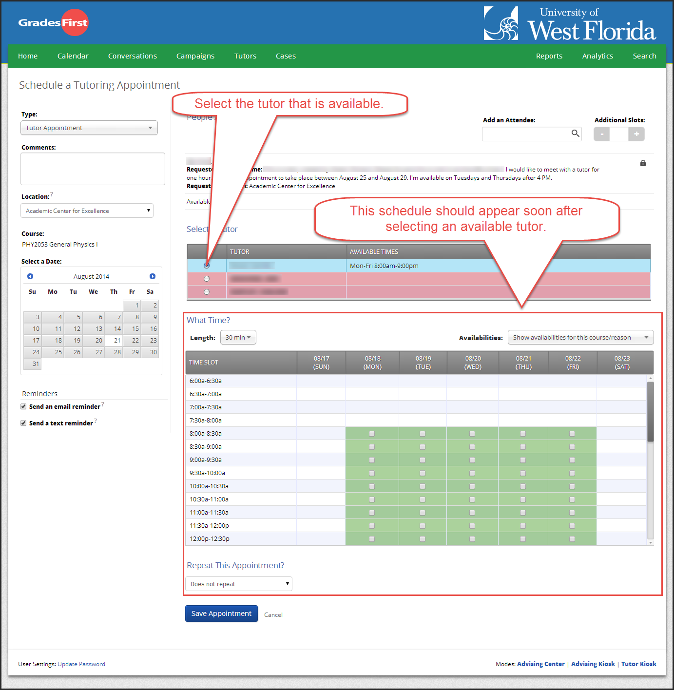 selecting a tutor, viewing the tutor's available schedule