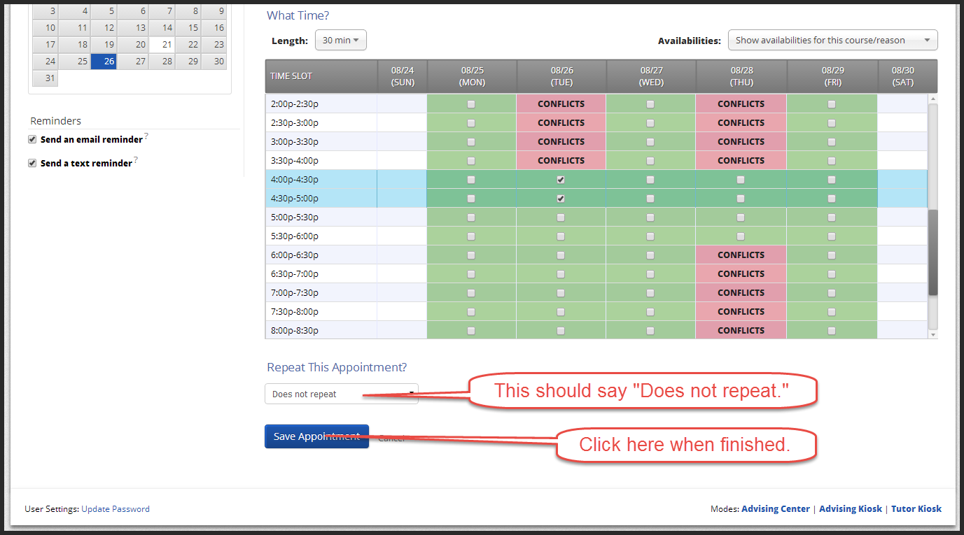 Repeat the Appointment dropdown, Save Appointment button