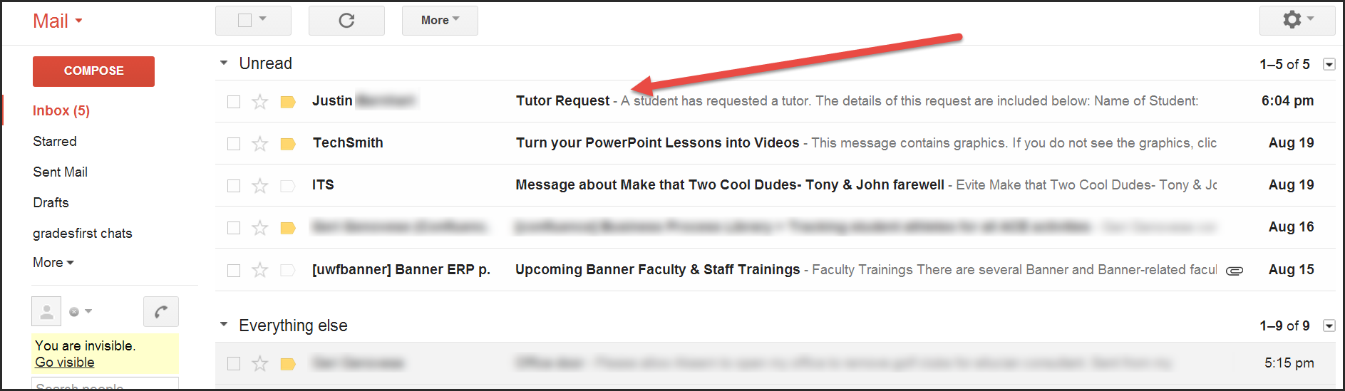 Tutor request email in Gmail box