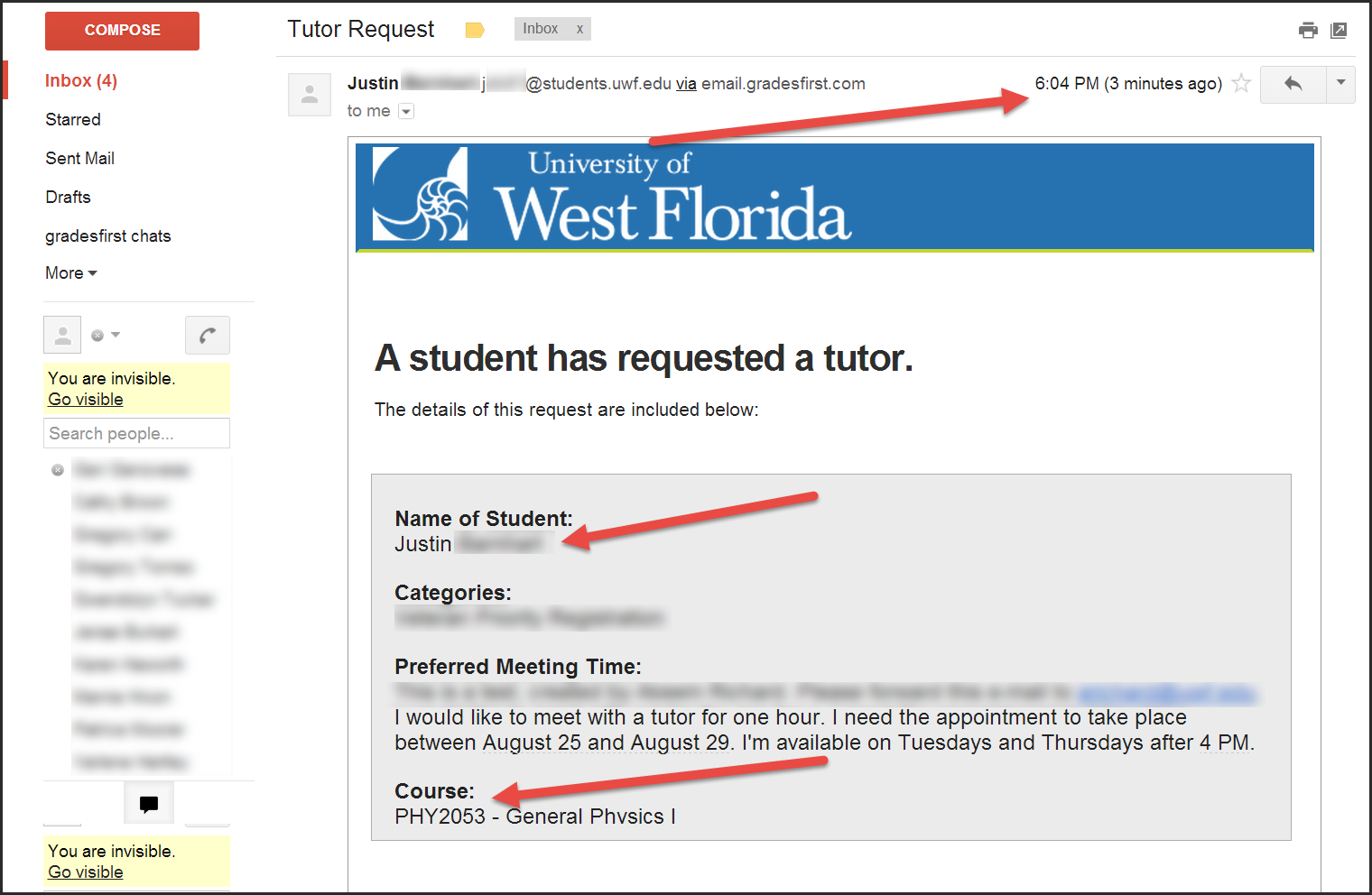 sender's email address, time the email was sent, and course info