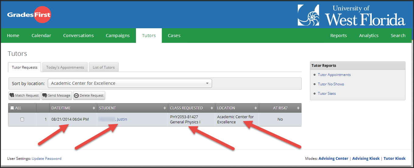 timestamp of tutor request, student name, class requested, location of tutoring session