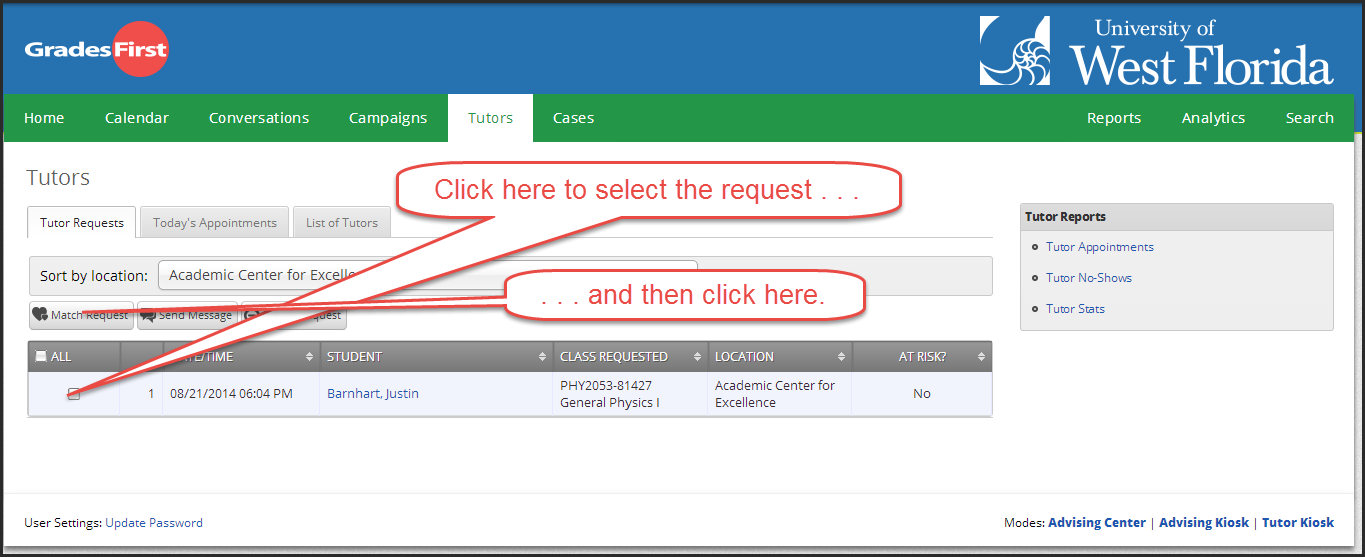 checkbox to select request, match request button