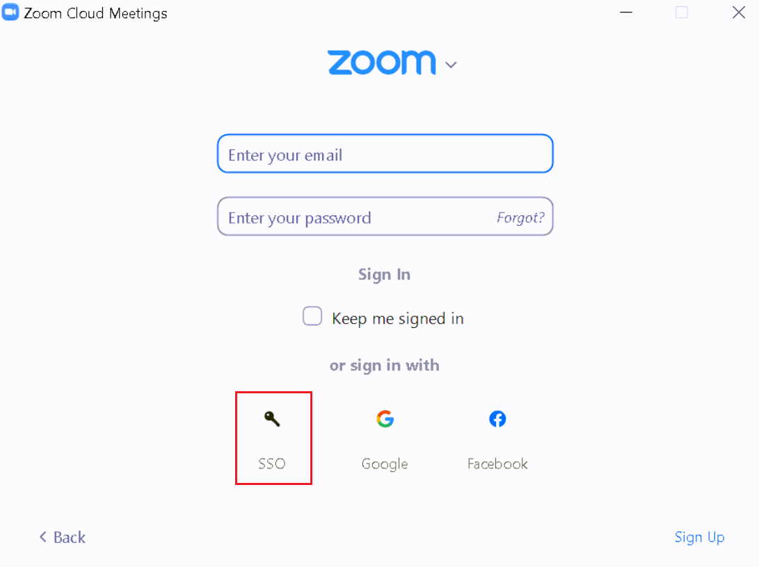 UWF Public Knowledge Base > Getting Started with Zoom > image2021-8-11_8-47-29.png SSO sign in button for Zoom