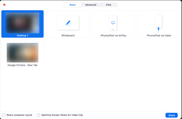 UWF Public Knowledge Base > Getting Started with Zoom > select-screen-share.png Share Screen options