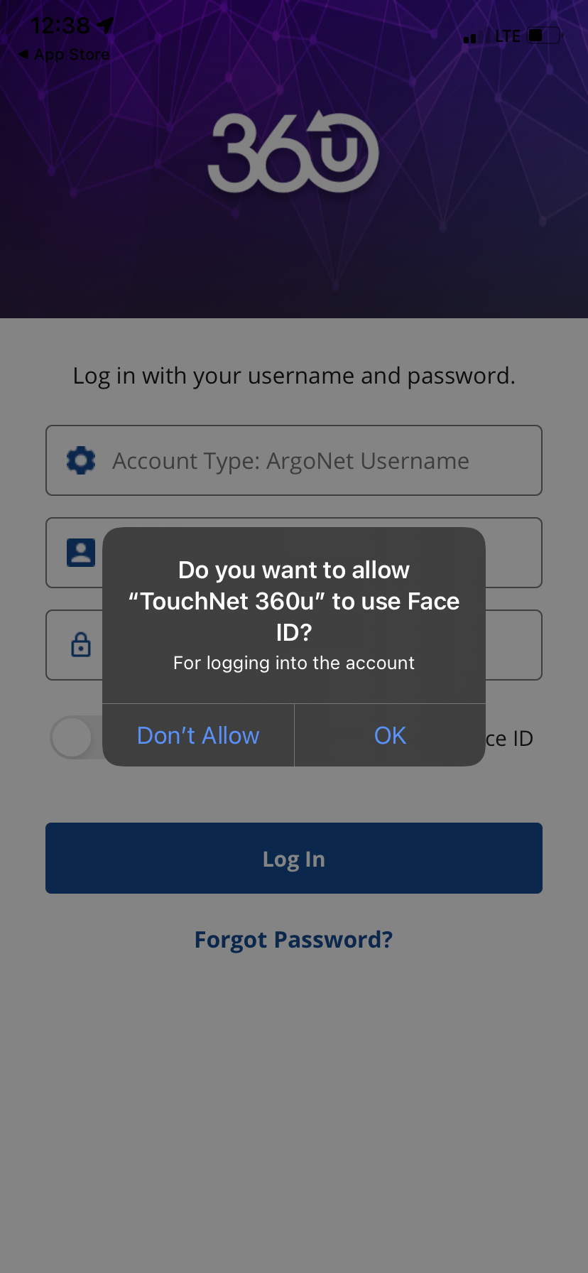 Touchnet 360u Log in Screen