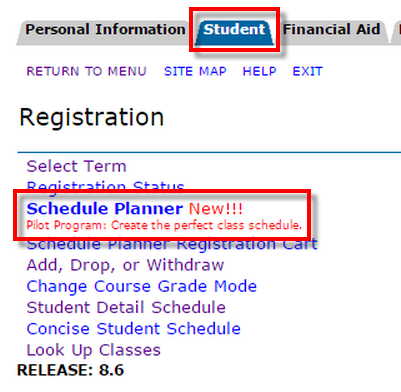 Student tab, Schedule Planner link