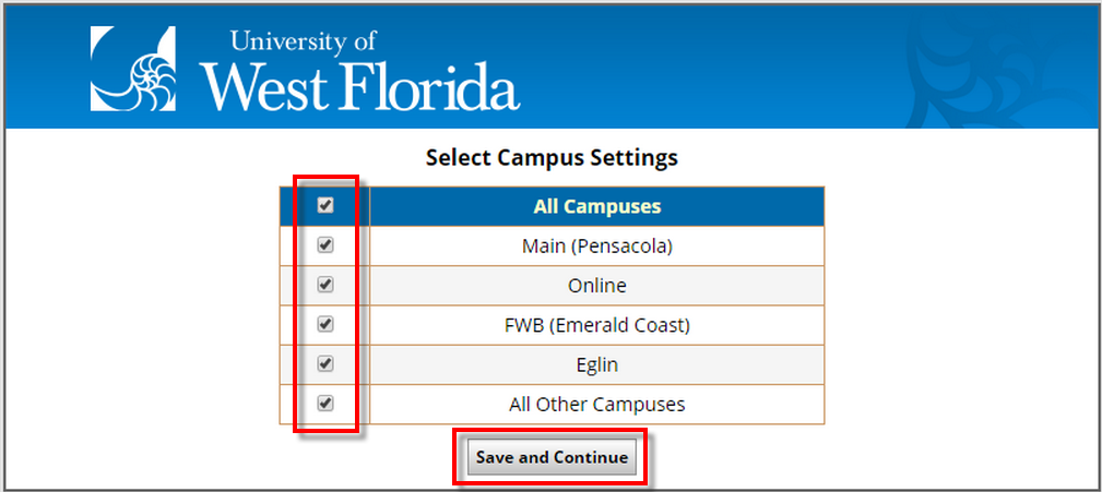 checkboxes for campuses, Save and Continue button