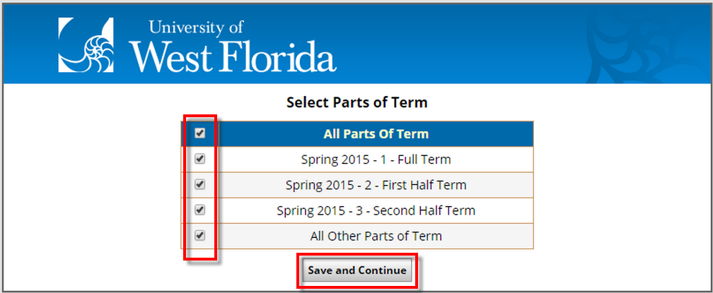 checkboxes for campuses, Save and Continue button