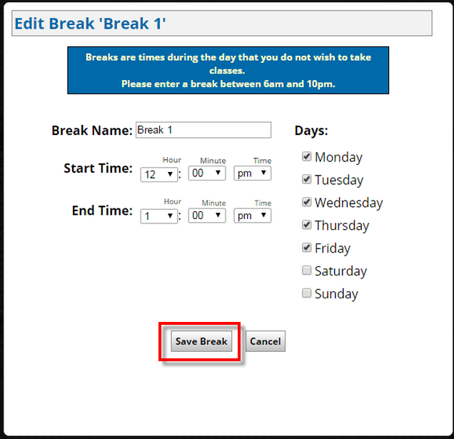 Save Break button