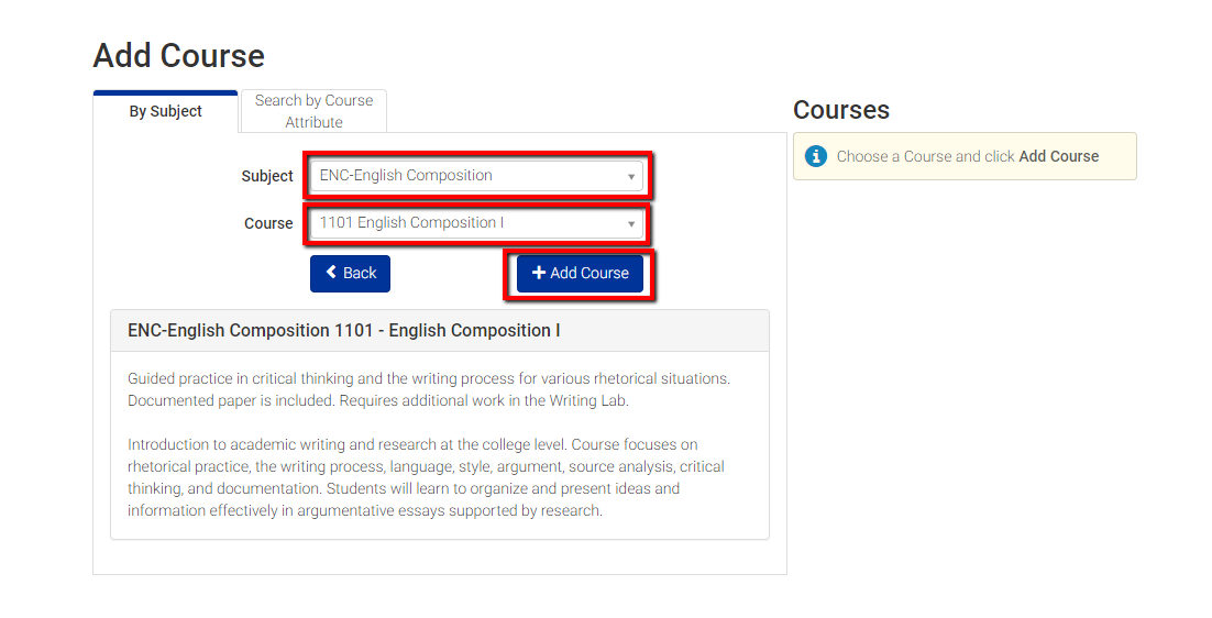 dropdown menus for subject and course