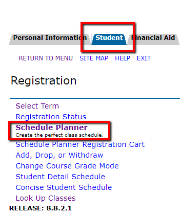 Student tab, and Schedule Planner link