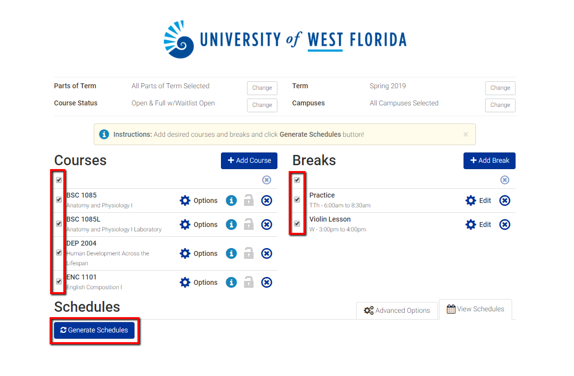 Checkboxes for courses and breaks, and Generate Schedules button