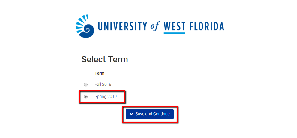 Select term, and Save and Continue button