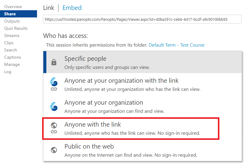 'Who has access' section, 'Anyone with the link' option