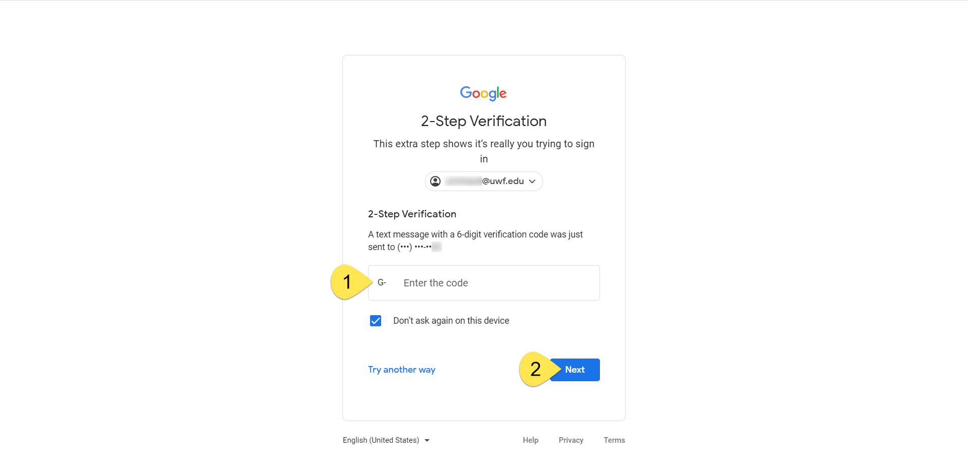 field for verification code, and next button