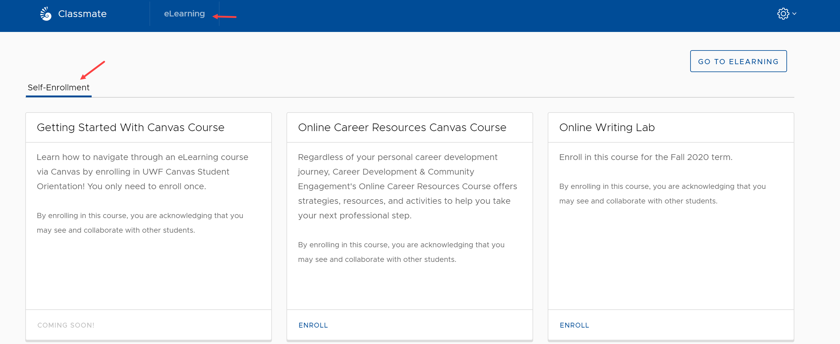 eLearning button and Self-Enrollment tab