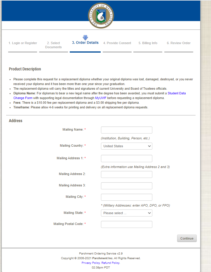 UWF Public Knowledge Base > How to Submit a Diploma Request > image2021-9-1_16-41-7.png various fields for mailing address