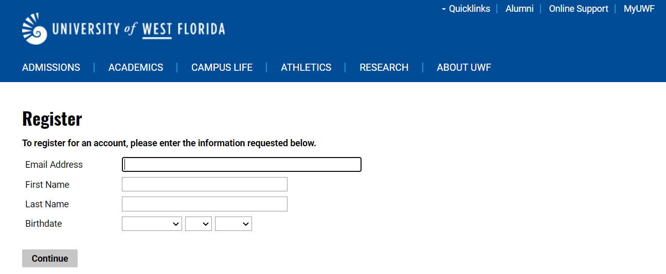 UWF admission application account registration