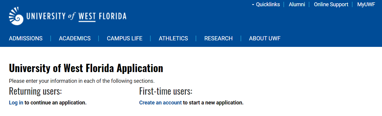 UWF admission application log in screen