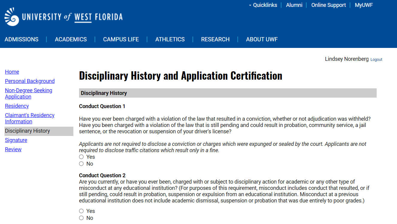 UWF admission application disciplinary history questions