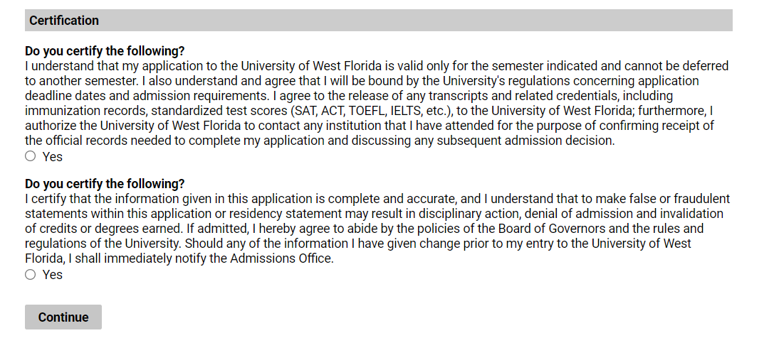 UWF admission application certification