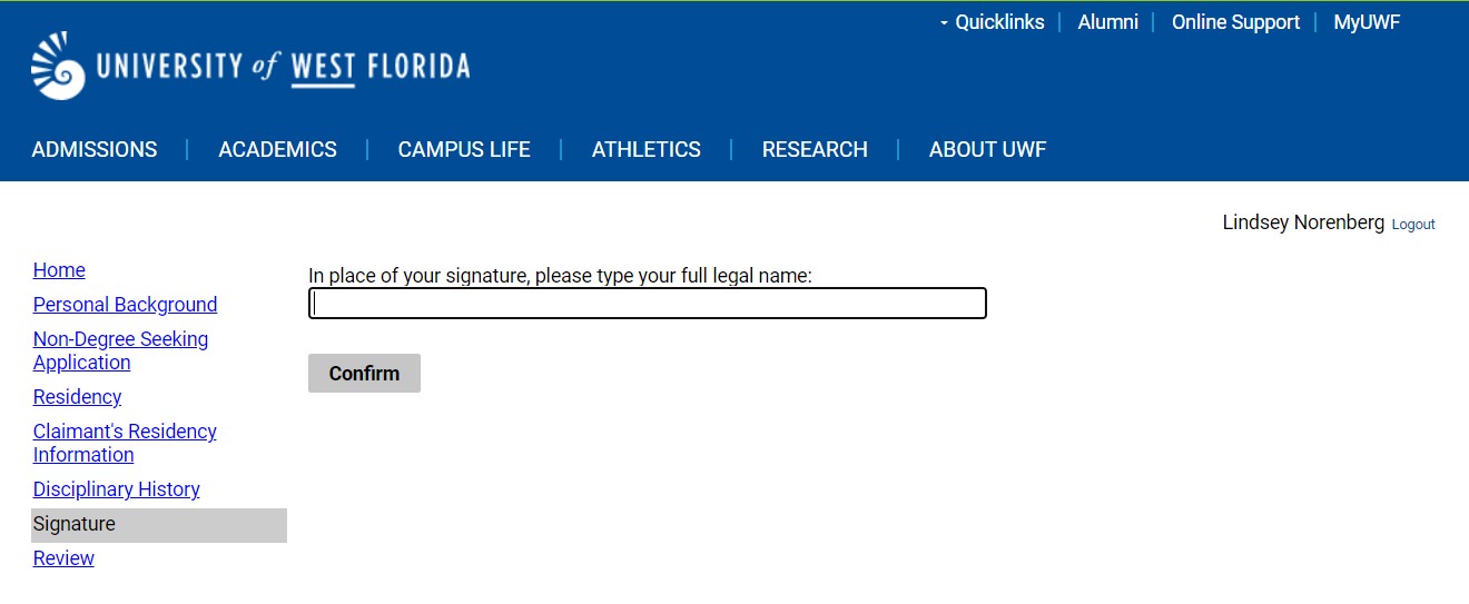 UWF admission application signature line