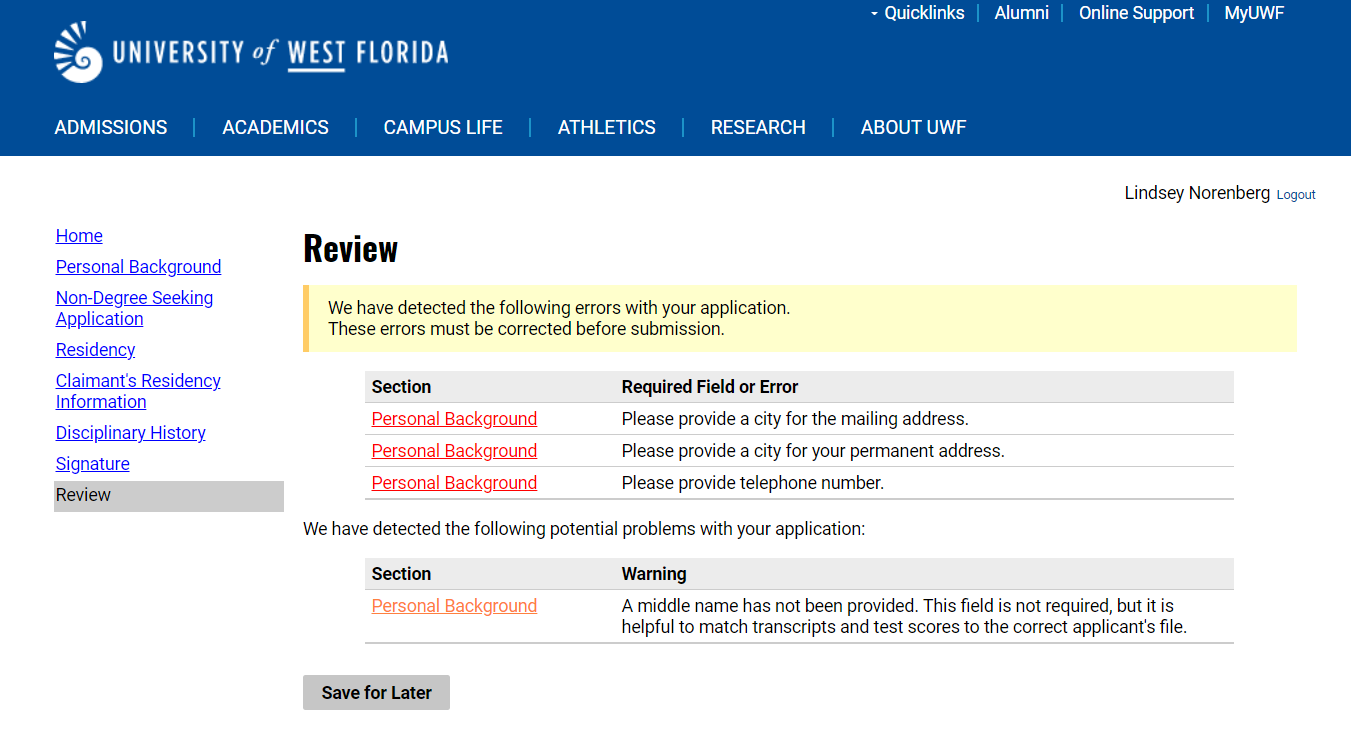 UWF admission application review application