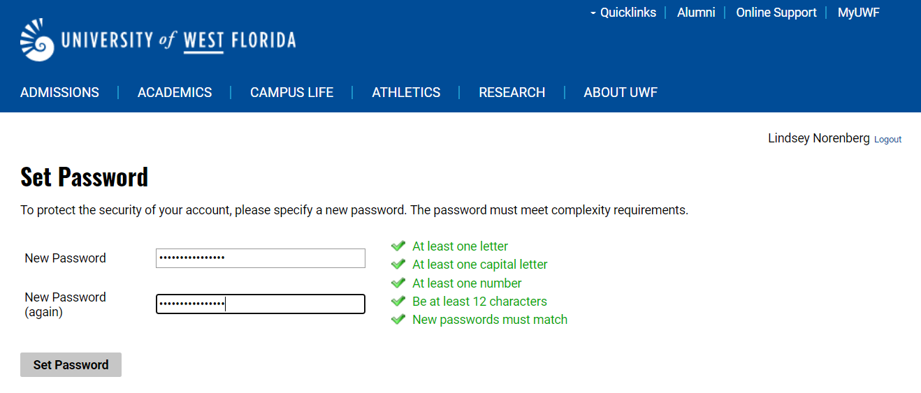 UWF admission application set password