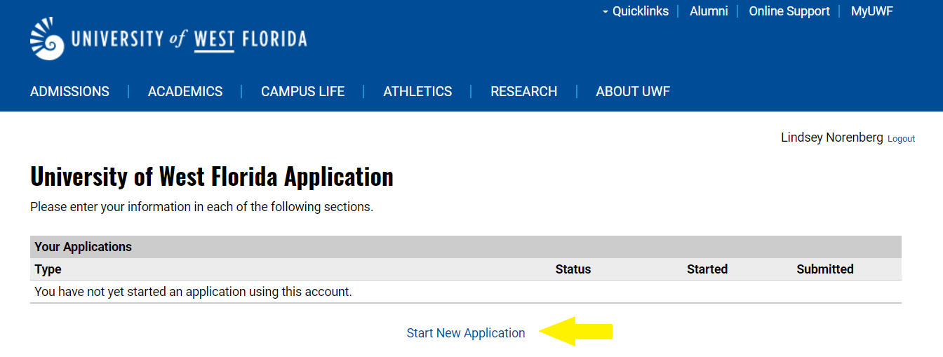 UWF admission application start new application